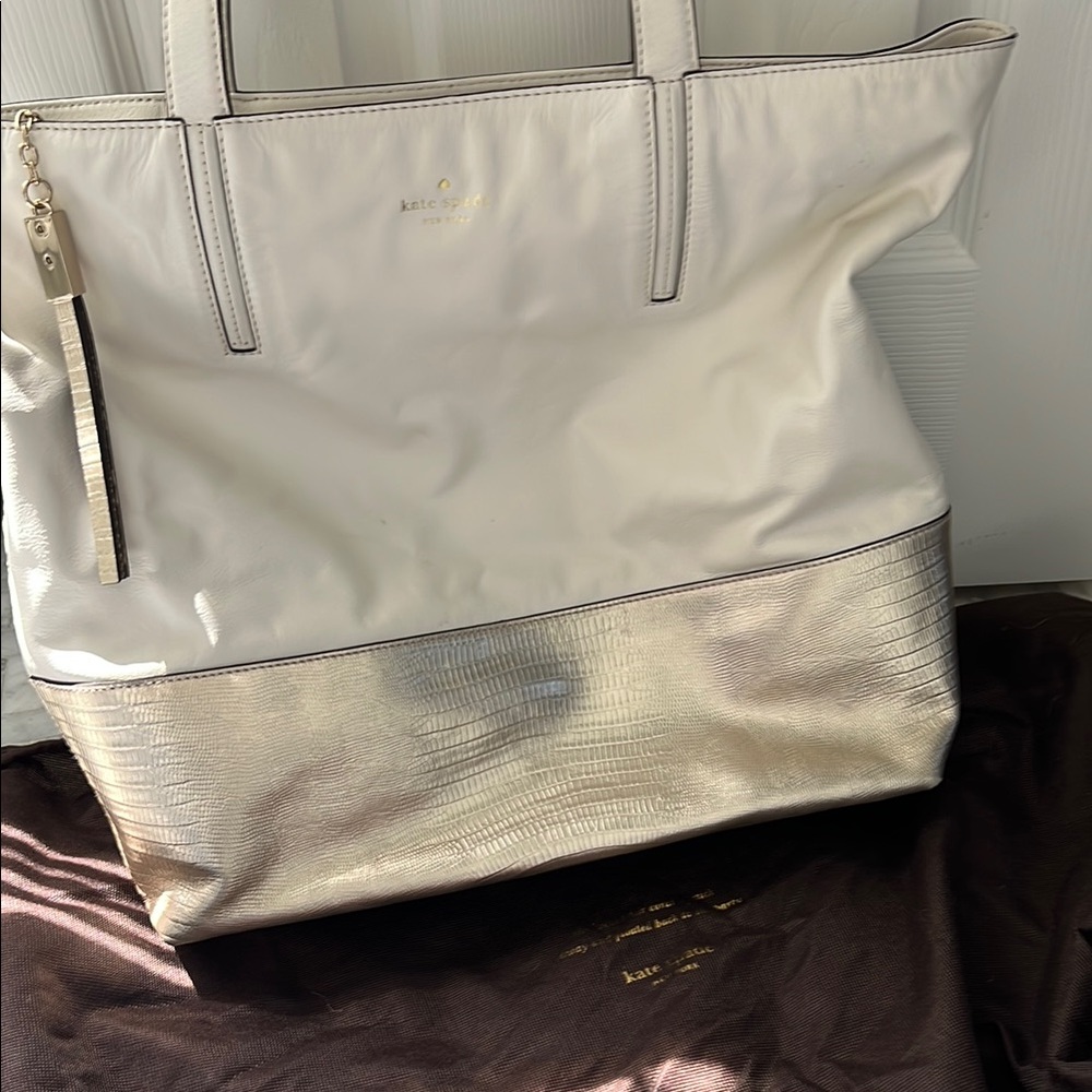 Large leather Kate Spade White and Silver Tote Bag